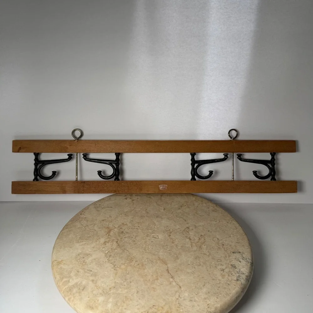 Vintage Wood Cast Iron Wall Mount Coat Rack 24